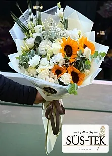 VIP Ayçiçeği Beyaz Gül Buket